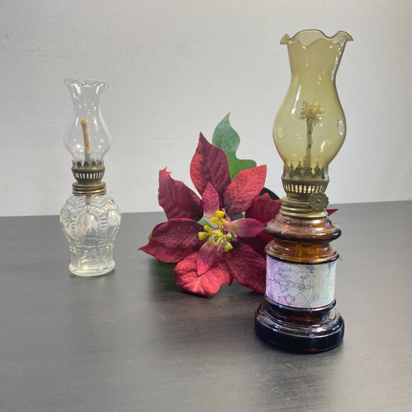 Vintage brown glass decorative jar style oil lamps, ruffle dark honey yellow. - Picture 9 of 10